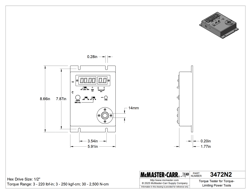 Technical Drawing of Torque Gauge for Torque-Limiting Power Tools, with NIST Certificate, ISO 17025.